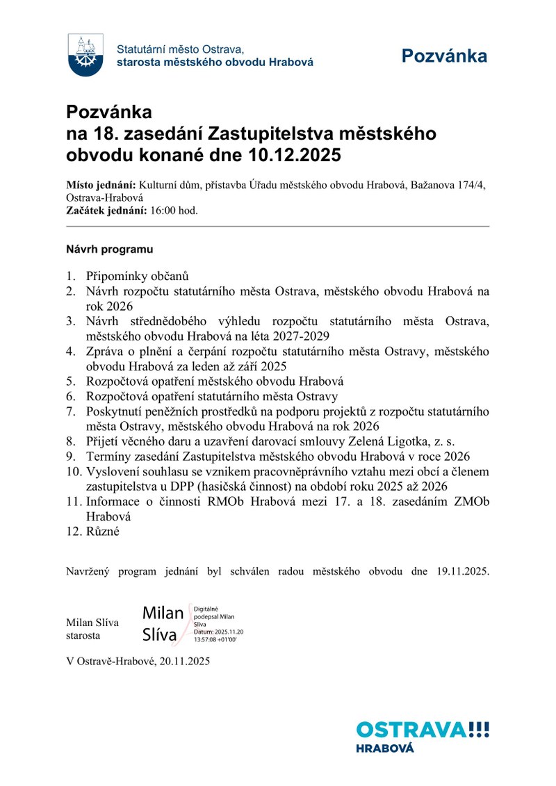 18. ZASEDÁNÍ ZASTUPITELSTVA MĚSTSKÉHO OBVODU HRABOVÁ
