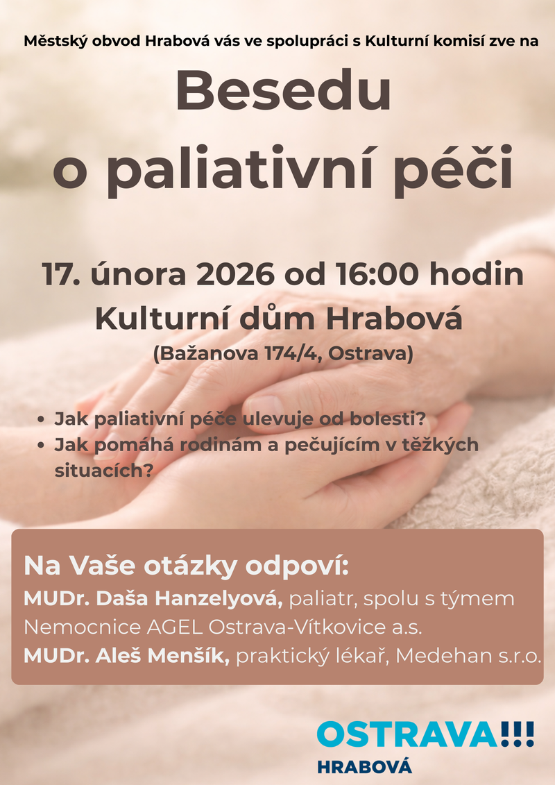 BESEDA O PALIATIVNÍ PÉČI JIŽ V ÚTERÝ 17. ÚNORA 2026 