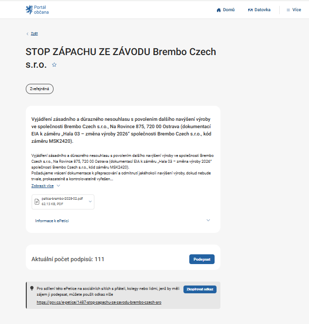 PETICE – STOP ZÁPACHU ZE ZÁVODU Brembo Czech s.r.o.