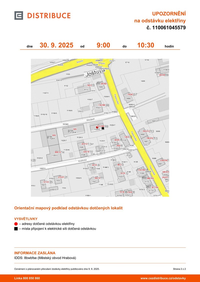 PLÁNOVANÁ ODSTÁVKA ELEKTŘINY – 30. ZÁŘÍ 2025