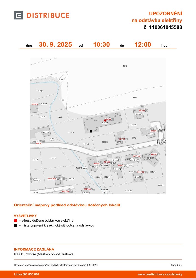 PLÁNOVANÁ ODSTÁVKA ELEKTŘINY – 30. ZÁŘÍ 2025