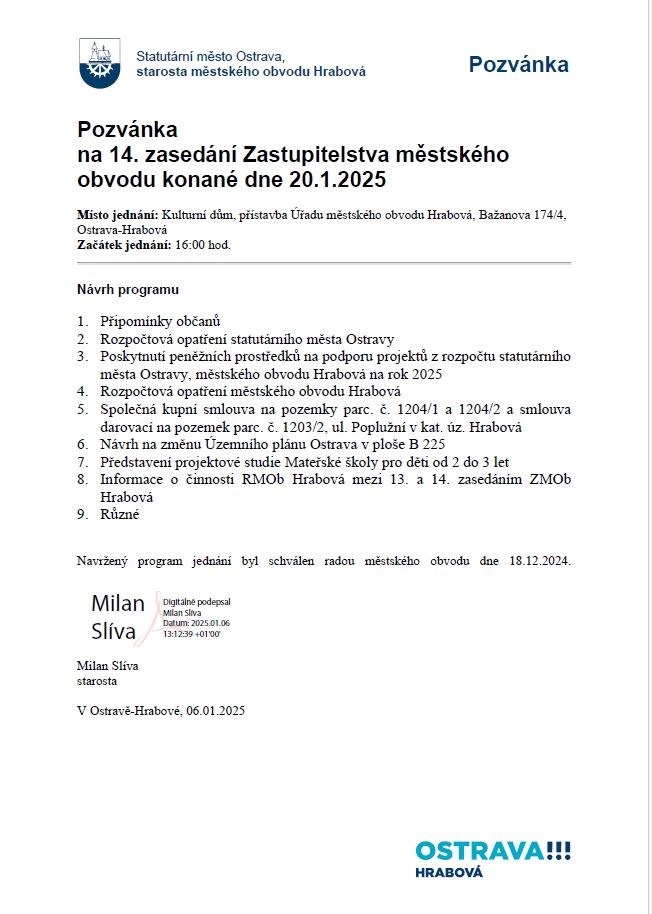 POZVÁNKA NA 14. ZASEDÁNÍ ZASTUPITELSTVA MOB HRABOVÁ 