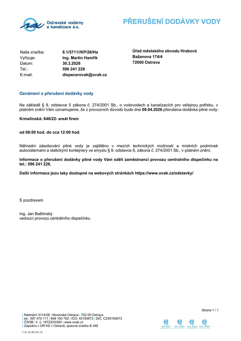 PŘERUŠENÍ DODÁVKY VODY DNE 8. DUBNA 2026
