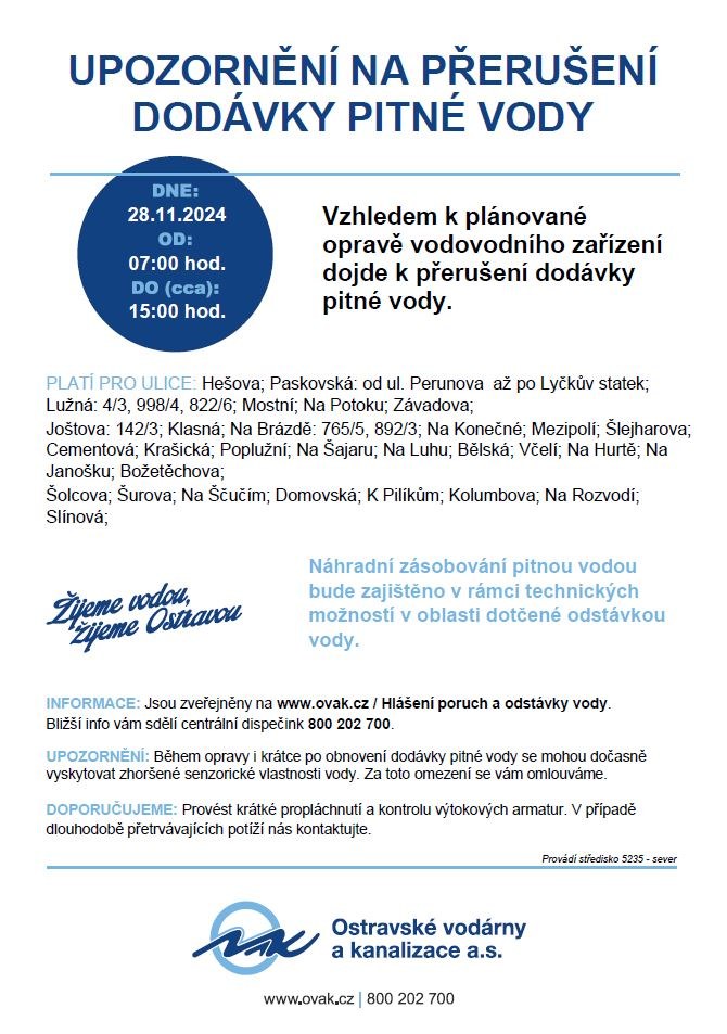 UPOZORNĚNÍ NA PŘERUŠENÍ DODÁVKY PITNÉ VODY 