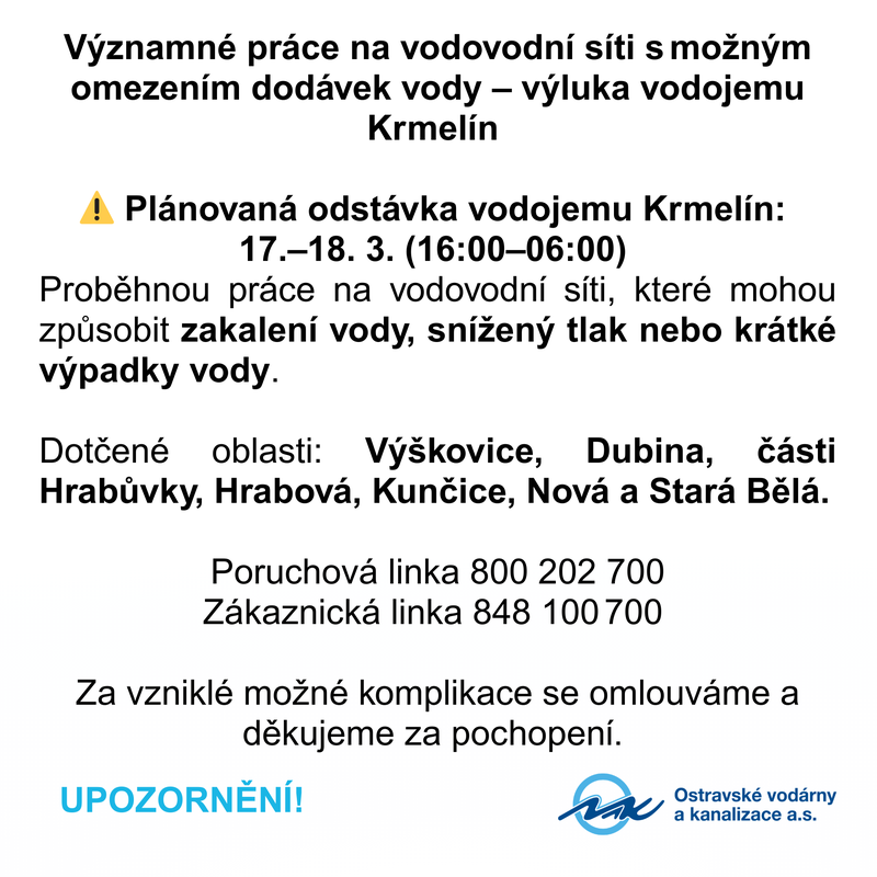 UPOZORNĚNÍ: Plánovaná odstávka vodojemu Krmelín (17.–18. března) může ovlivnit dodávky vody